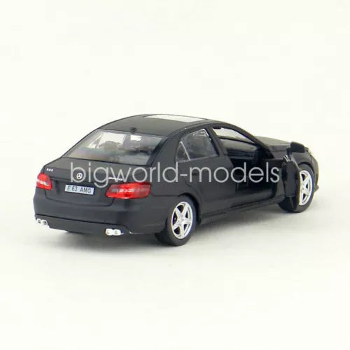 1/36 scale black diecast model car with silver wheels, rear view