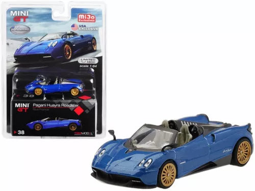 Blue diecast roadster car, gold wheels, open-top design, 1/64 scale