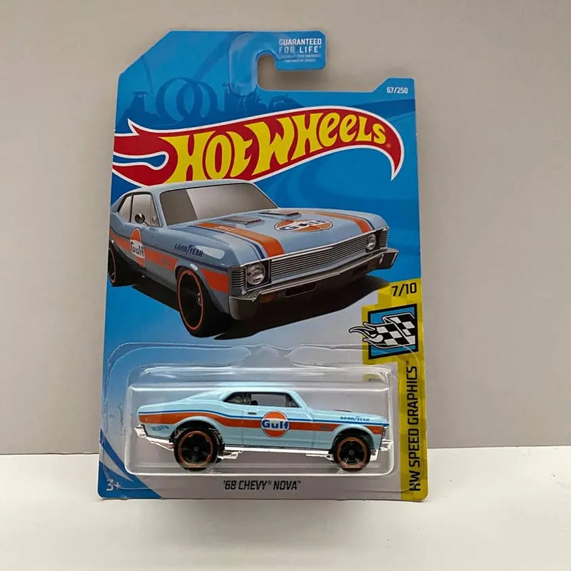 1968 Chevy Nova Gulf Hot Wheels diecast car, blue and white, in blister pack