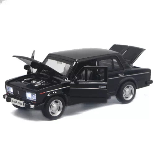 Black 1:32 diecast model car with hood open, detailed engine and front headlights