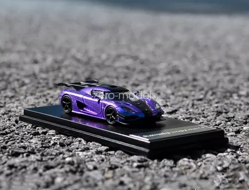 Purple 1/64 scale diecast model car with black display base