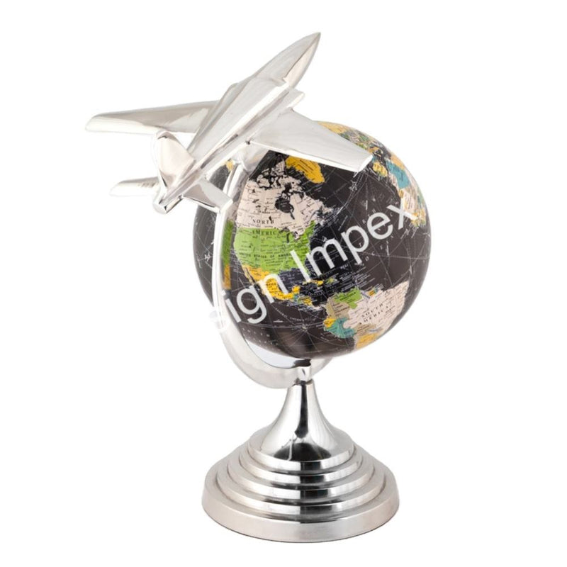 Airplane model with globe on chrome stand, rotating map sphere and wing aircraft