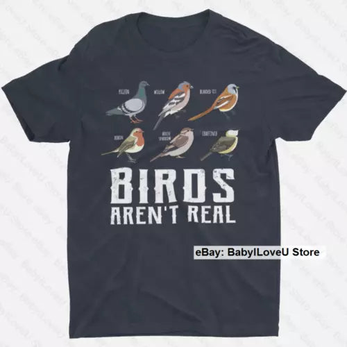 Black graphic T-shirt with bird lineup and 'BIRDS AREN'T REAL' text