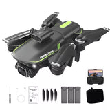 Remote control drone with dual cameras, dark gray body, front lens pods, 4 propellers
