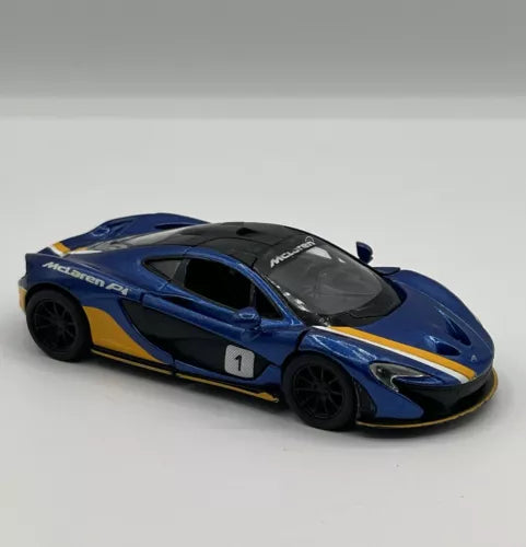 Diecast McLaren P1 model toy car, blue with gold stripes, front 3/4 view, black wheels