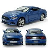 Blue 1/36 scale Ford Mustang diecast model car with detailed front, rear, and wheels