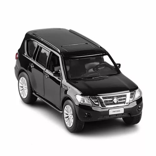 1:36 Nissan Patrol SUV model car, black diecast toy with open grille and headlights