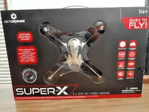 High-definition camera drone box with SuperX branding and easy-to-fly feature icons