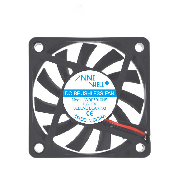DC brushless axial cooling fan with black square frame, fan blades, and red/black leads