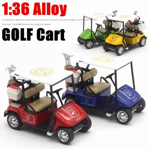 1:36 alloy pull-back golf cart model, multi-color toy with open cabin and seats