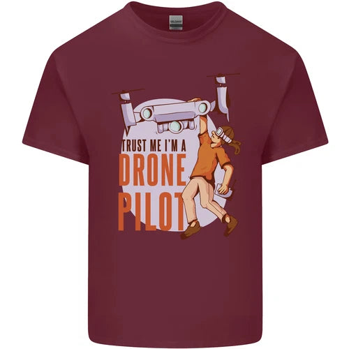 Men's cotton t-shirt in maroon with front drone pilot graphic