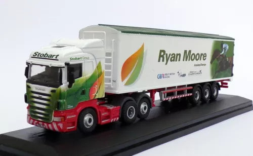 Diecast Scania truck with white and green Stobart trailer, 'Ryan Moore' graphics
