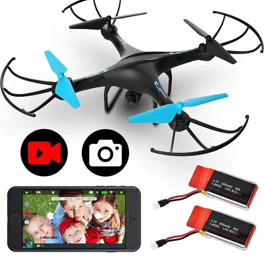 Black quadcopter drone with blue prop tips, tablet controller screen, and two batteries