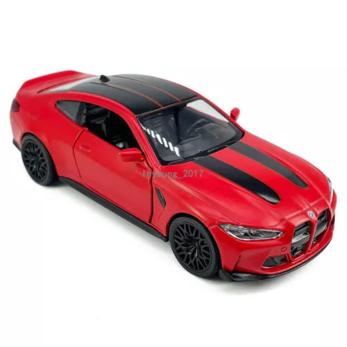 BMW M4 CSL matte red diecast model car with black hood stripes and detailed wheels