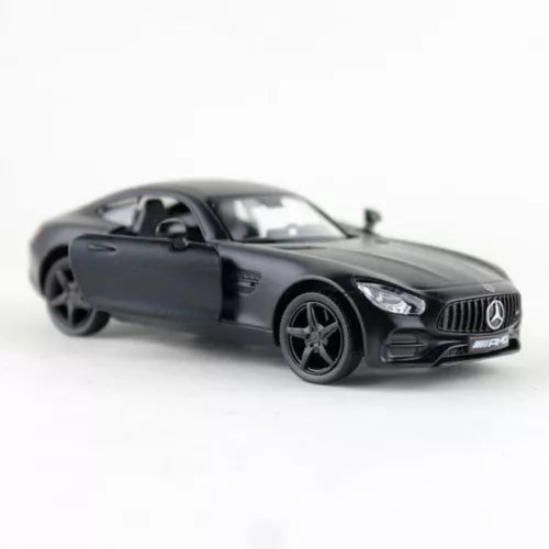 1:36 AMG GTS diecast model car toy, matte black, doors open, front 3/4 view
