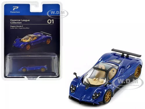 Blue Pagani Zonda F diecast model car, front 3/4 view on display card