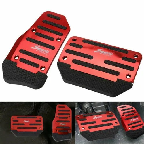 Red metal car sport pedals with black rubber grips, pair