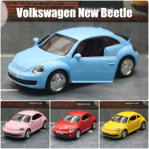 Alloy diecast toy model car, light blue with side views in pink, red, and yellow