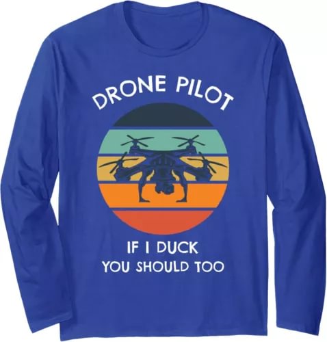 Blue long-sleeve tee with 'DRONE PILOT' text and colorful drone graphic on front