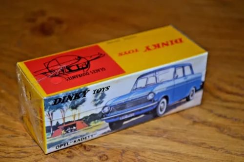 Unopened diecast Opel Kadett model car in blue on retail box