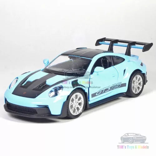 Blue alloy diecast model car with GT3 RS-style decals and rear wing