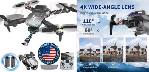 Foldable 4K FPV drone with camera, controller, and charging accessories