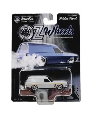 Blue diecast panel van toy in blister package with wheels graphic, front view
