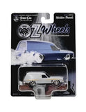 Blue diecast panel van toy in blister package with wheels graphic, front view