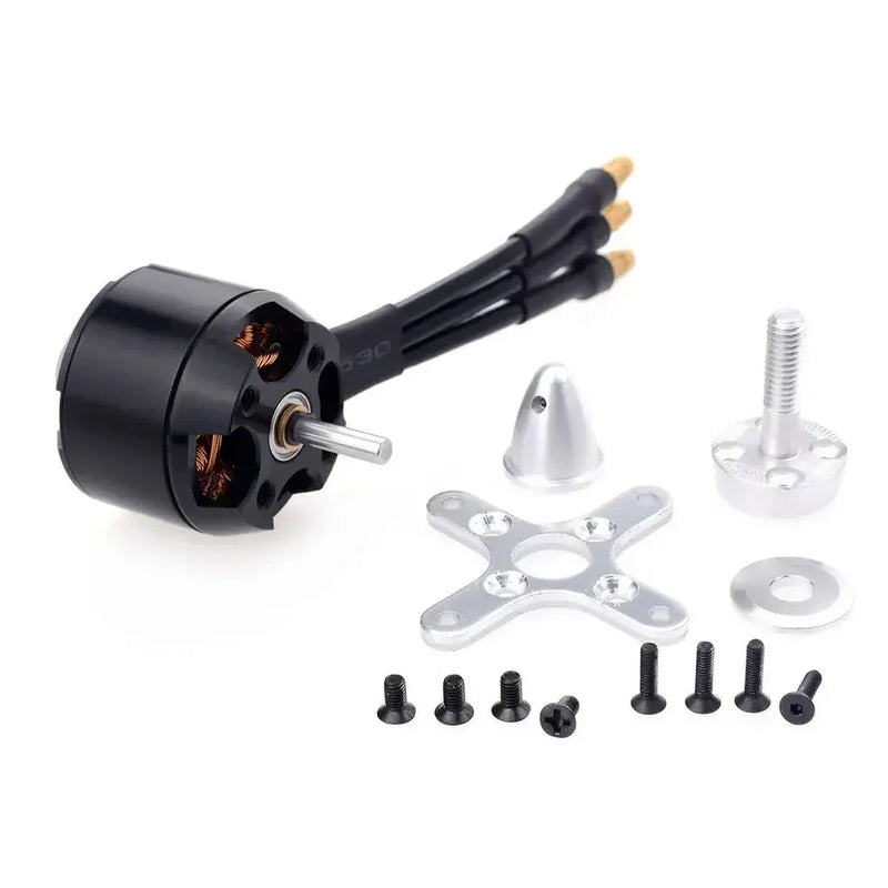 Brushless outrunner motor with mounting hardware kit, black cylindrical body and prop adapter