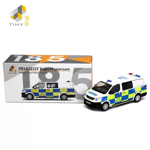 Diecast police van model car, white with blue and yellow graphics