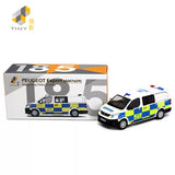 Diecast police van model car, white with blue and yellow graphics