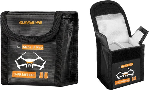 Fireproof Li-Po battery storage bag, black with handle, Sunnylife label and drone icon.