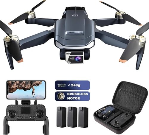 Quadcopter drone with front camera, four propellers, and compact remote controller set