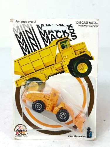 Yellow front end loader model truck in clear blister pack, diecast metal toy
