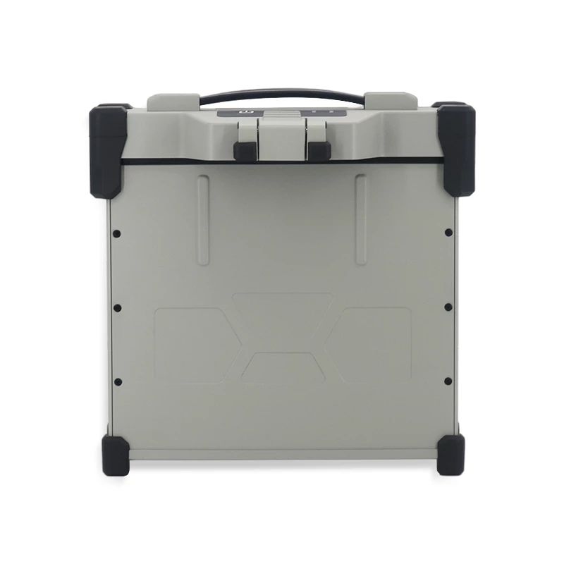 Agricultural UAV battery pack, light gray rectangular with corner grips and ports