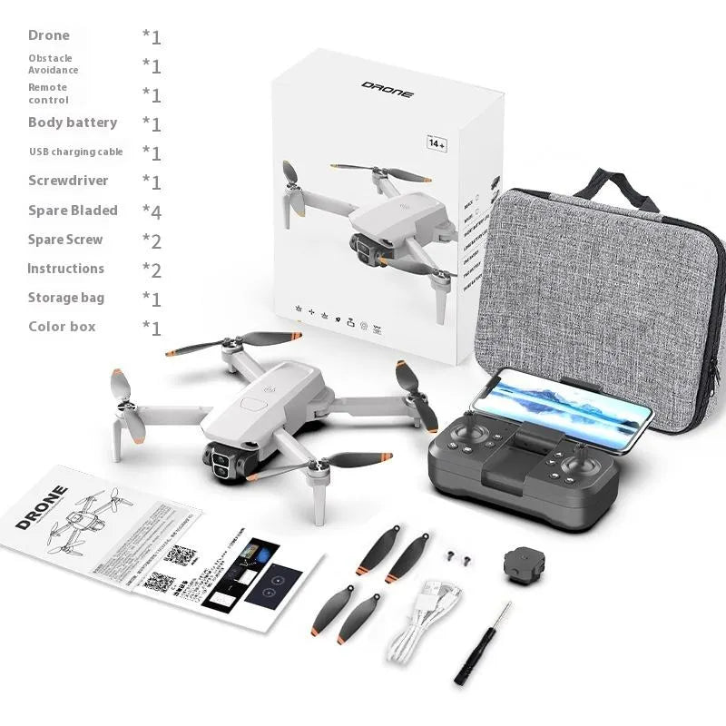 White quadcopter drone with remote controller and gray carrying case, plus spare parts kit