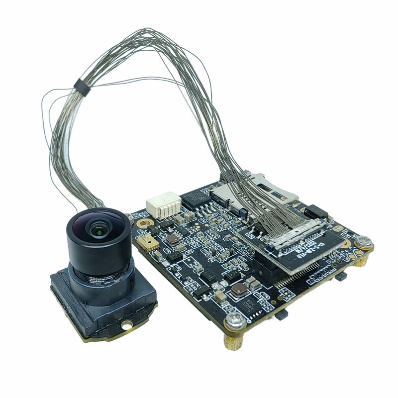 Drone camera module circuit board with mounted lens and ribbon cable