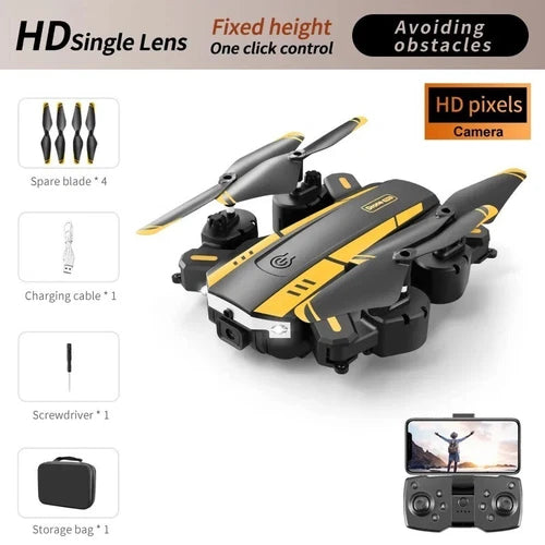 Gray and yellow quadcopter drone with camera and four propellers