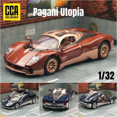 Diecast toy sports car model in orange with bronze accents, 1:32 scale view