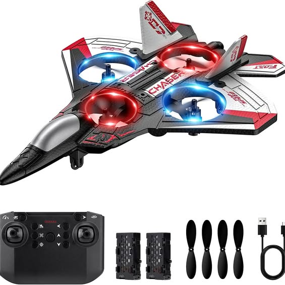 Kids RC jet aircraft with blue rotors, red body, and remote controller set