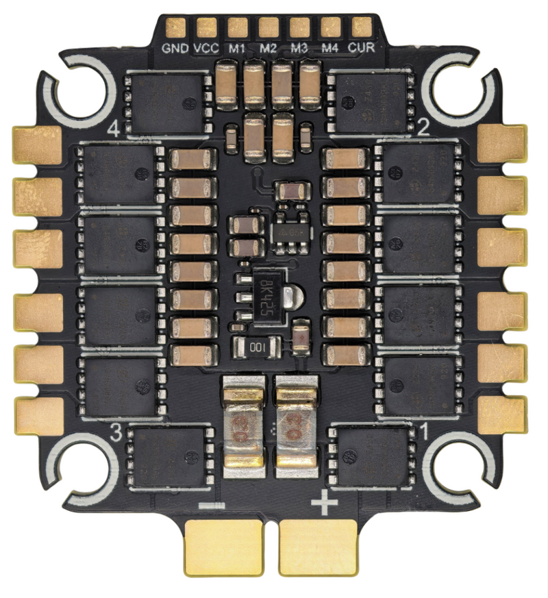 RC drone ESC circuit board with metal terminals and labeled connection pads