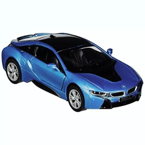 Blue BMW i8 1:36 scale diecast model car with openable doors, front view