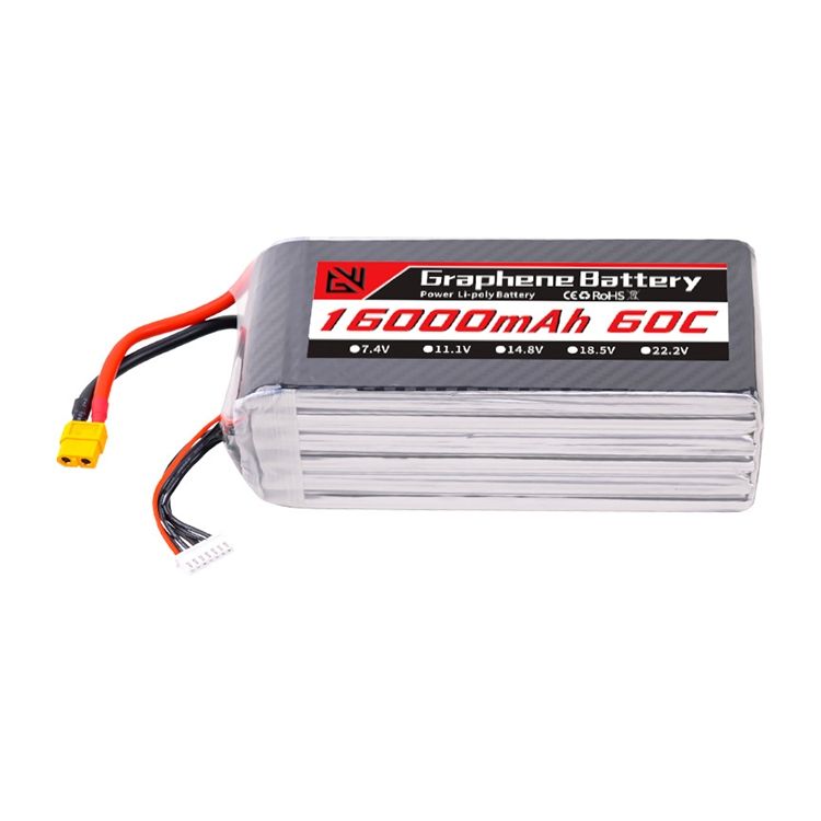 LiPo battery pack with red/black leads, Graphene Battery label, 16000mAh 60C