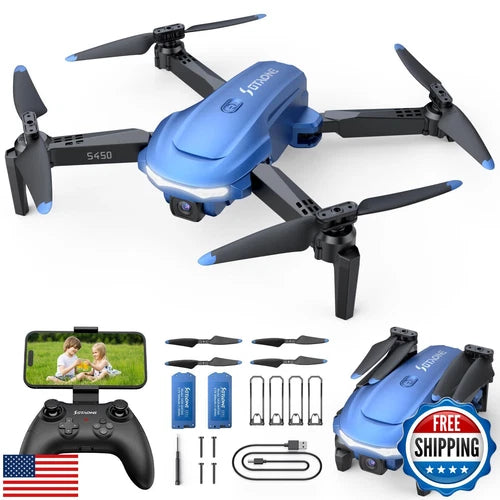 Blue FPV drone with 1080P HD camera, four propellers, starter kit
