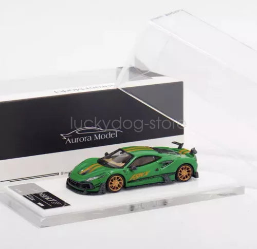 1:64 scale green diecast sports car model with gold wheels in display box