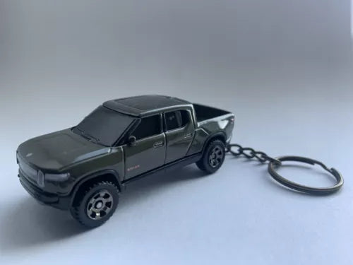 Diecast pickup truck keychain, dark green with bronze chain and keyring