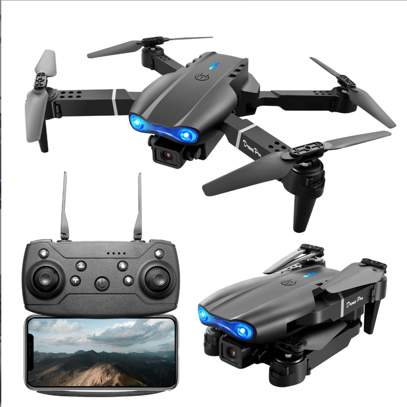Dark gray GPS drone with 4 propellers, built-in camera, and handheld controller