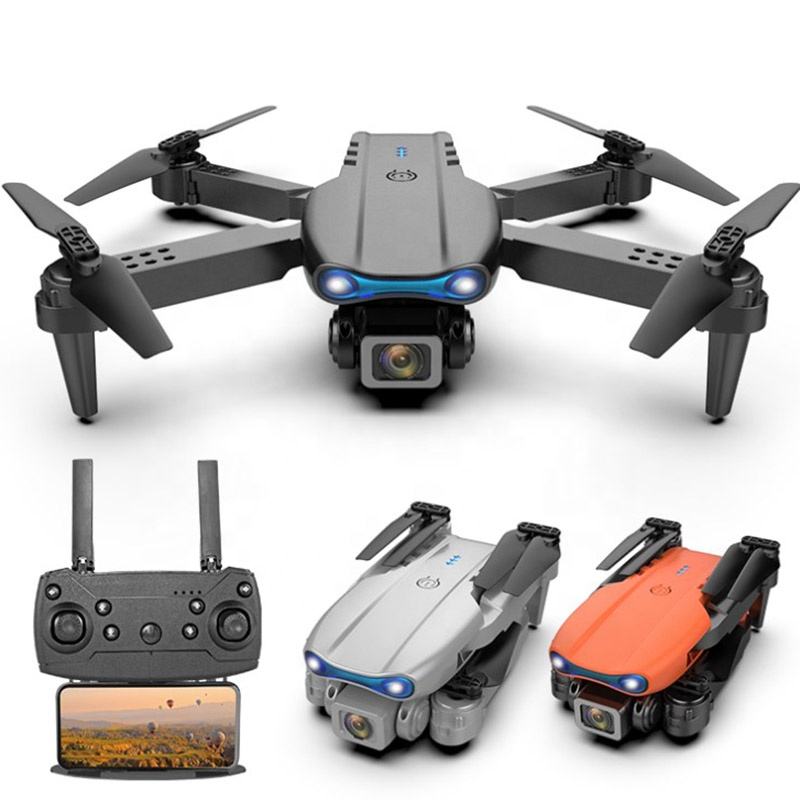 Quadcopter drone with dual cameras and four propeller arms; includes remote controller