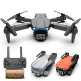 Quadcopter drone with dual cameras and four propeller arms; includes remote controller