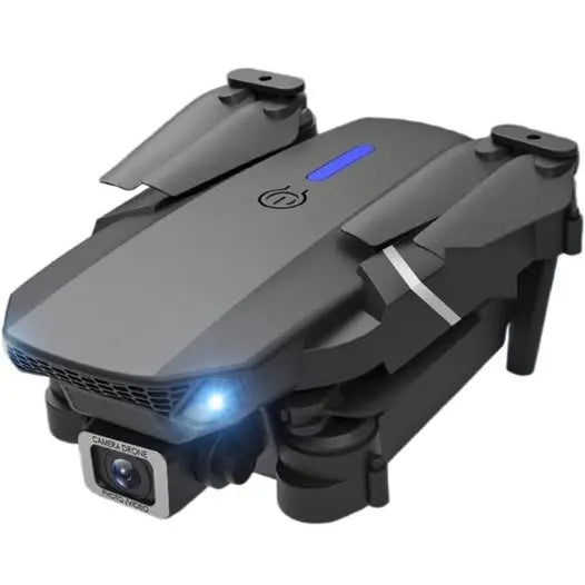 Gray mini quadcopter drone with front camera module and blue LED lights